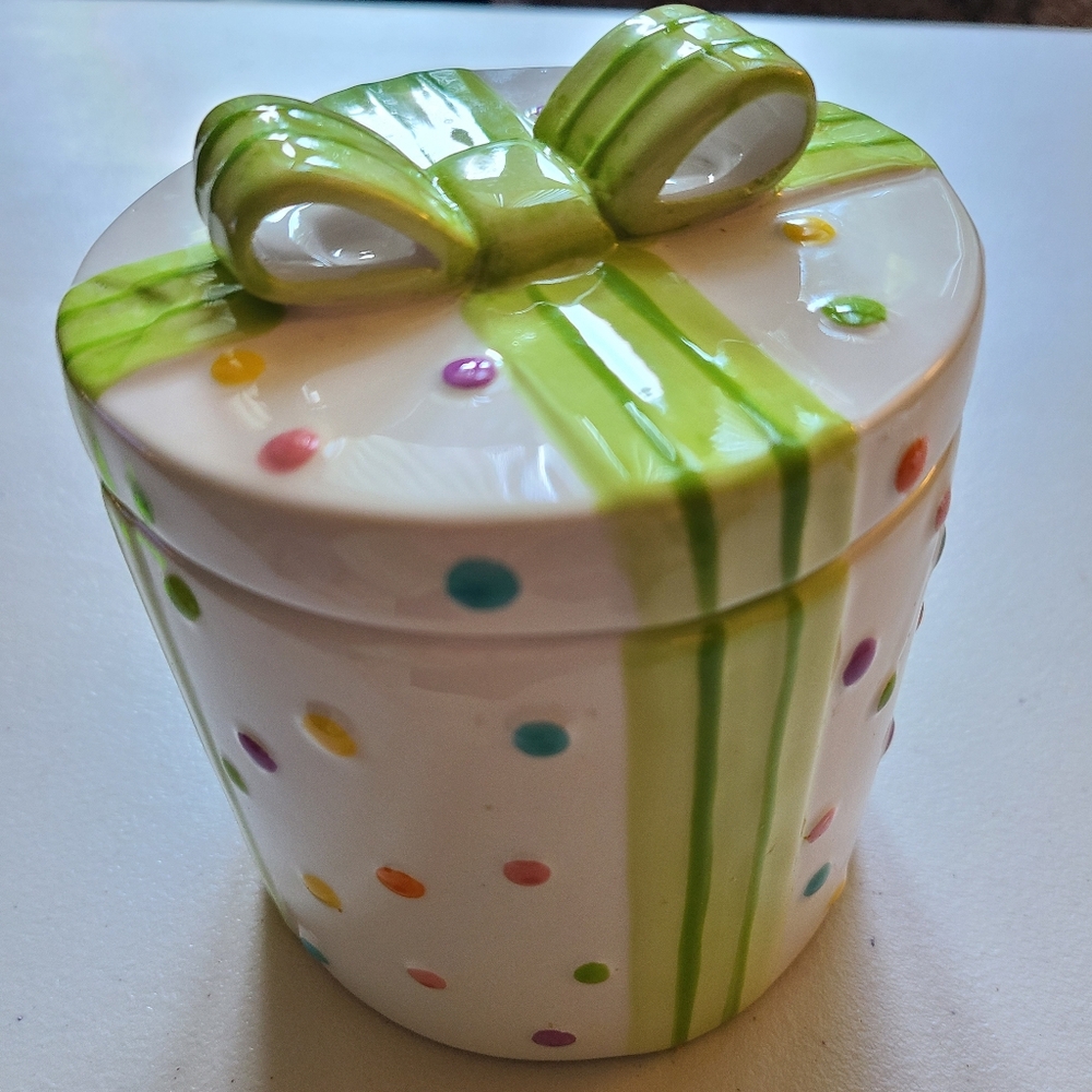 Colorful Polka Dot Ceramic Lidded Jar / Container with Green Ribbon